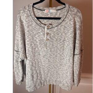 Free People FP Beach Gray Marled Henley Oversized Knit Top Med Beach Boho
